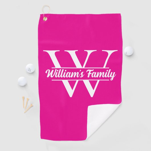 Roze en wit | Eenvoudig familienaam monogram Golfhanddoek (Insitu)