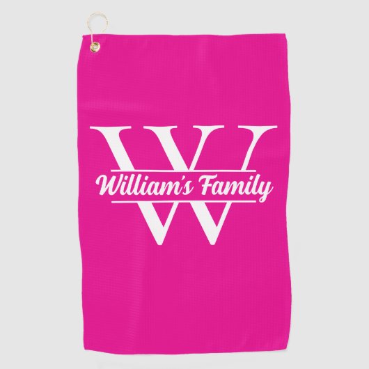 Roze en wit | Eenvoudig familienaam monogram Golfhanddoek (Voorkant)