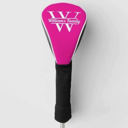 Roze en wit | Eenvoudig familienaam monogram Golfheadcover (Voorkant)