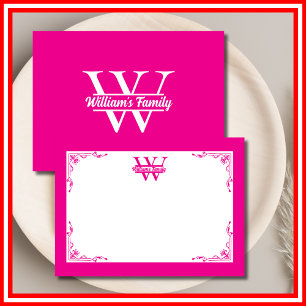 Roze en Wit Eenvoudig familienaam monogram Notitiekaartje