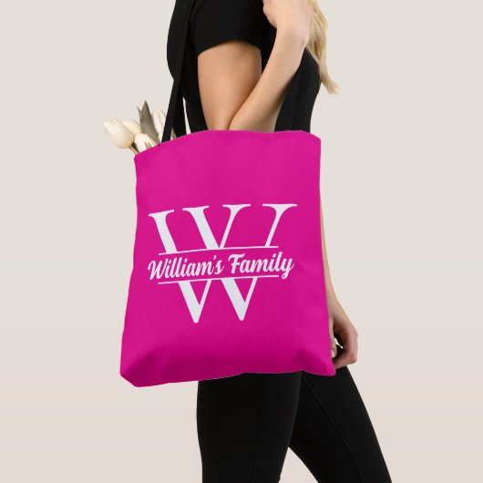Roze en wit | Eenvoudig familienaam monogram Tote Bag (Dichtbij)