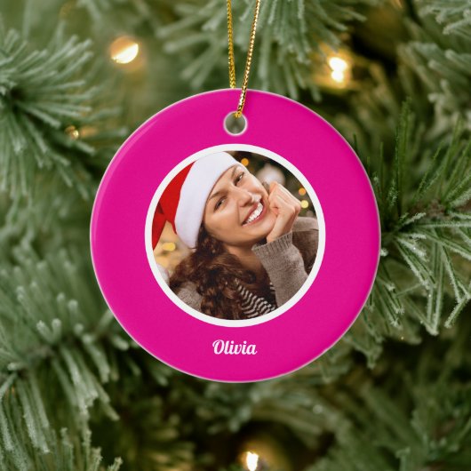 Roze en Wit Eenvoudige Familienaam Monogram FOTO Keramisch Ornament (Boom)