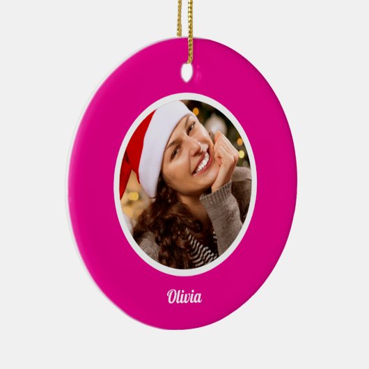 Roze en Wit Eenvoudige Familienaam Monogram FOTO Keramisch Ornament (Rechts)