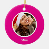 Roze en Wit Eenvoudige Familienaam Monogram FOTO Keramisch Ornament (Voorkant)