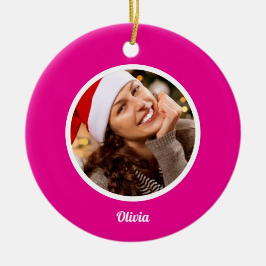 Roze en Wit Eenvoudige Familienaam Monogram FOTO Keramisch Ornament (Voorkant)