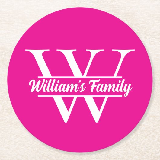 Roze en Wit | Eenvoudige familienaam Monogram Ronde Kartonnen Onderzetter (Voorkant)