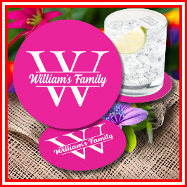 Roze en Wit | Eenvoudige familienaam Monogram Ronde Kartonnen Onderzetter