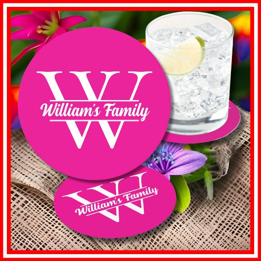 Roze en Wit | Eenvoudige familienaam Monogram Ronde Kartonnen Onderzetter