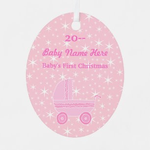 Roze en wit. Eerste Kerstmis voor baby Metalen Ornament