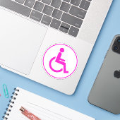 Roze en Wit gehandicaptensymbool Ronde Sticker (Laptop met iPhone)