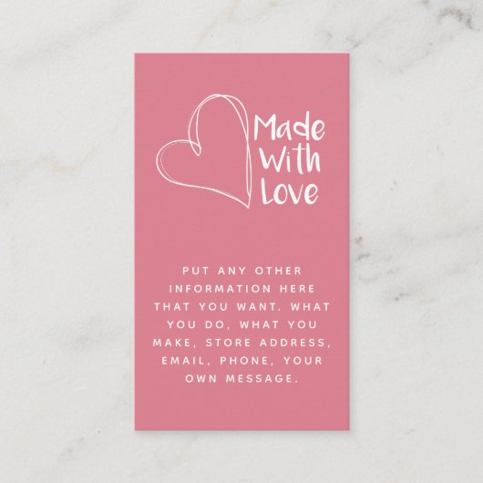 Roze en wit gemaakt met liefde hart sociale links informatiekaartje (Voorkant)
