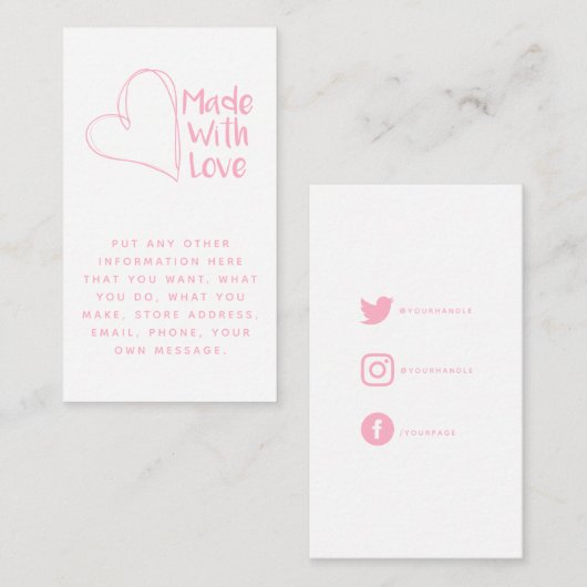 Roze en wit gemaakt met liefdeshart, sociale links informatiekaartje (Voorkant / Achterkant)