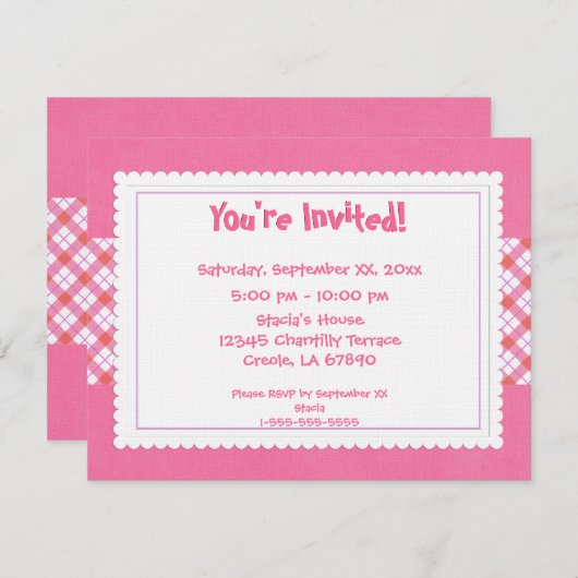 Roze en Wit Geplakt Party Uitnodigen Kaart (Voorkant / Achterkant)