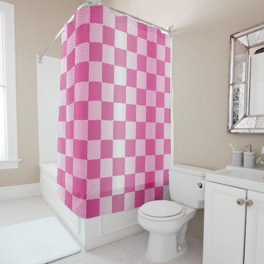 Roze en Wit Geruite Geometrische Douchegordijn (In situ)