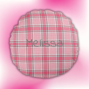 Roze en Wit geruite Naam Monogram   Rond Kussen