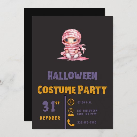 Roze en Wit Gestreept Mummy Zwart Halloween Kaart (Voorkant / Achterkant)