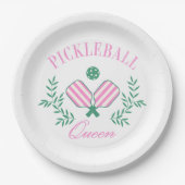 Roze en Wit Gestreept | Pickleball Queen Papieren Bordje (Voorkant)