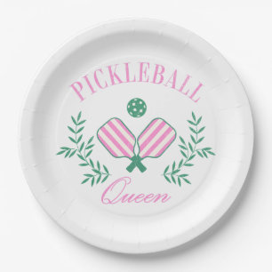 Roze en Wit Gestreept Pickleball Queen Papieren Bordje