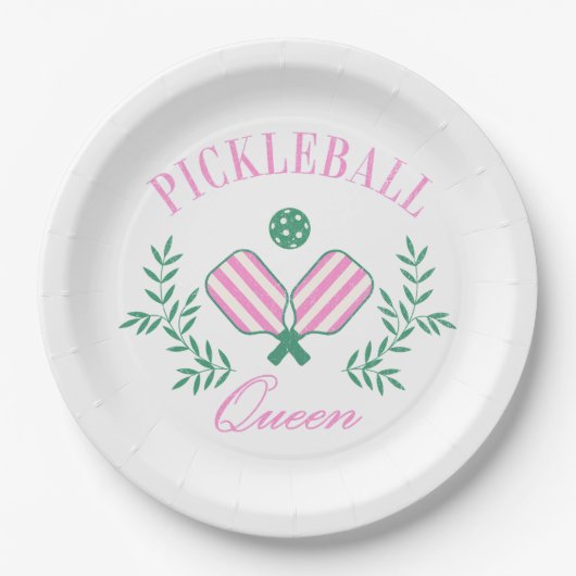Roze en Wit Gestreept | Pickleball Queen Papieren Bordje (Voorkant)