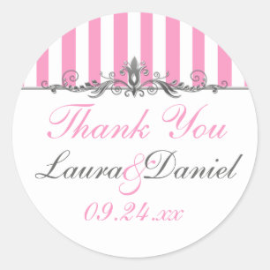 Roze en Wit Gestreepte Bruiloft Favor Sticker