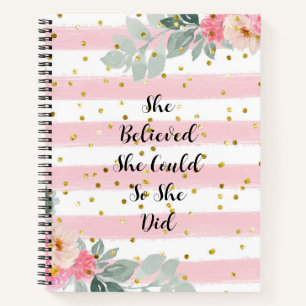 Roze en Wit Gestreepte Gouden Glitter Floral Quote Notitieboek