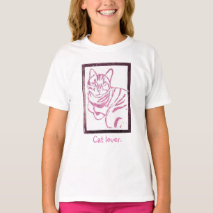 Roze en wit gestreepte kattenprint in lijst, t-shi t-shirt