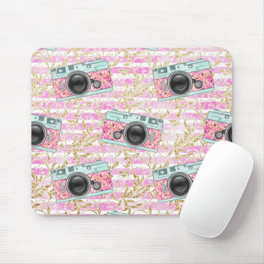 Roze en wit gestreepte mousepad muismat (Met muis)