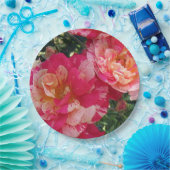 Roze en wit Gestreepte Rozen Bloemenkunst Papieren Bordje (Feest)