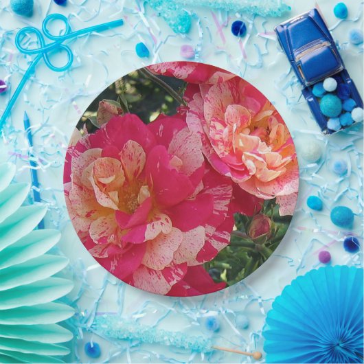 Roze en wit Gestreepte Rozen Bloemenkunst Papieren Bordje (Feest)