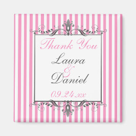 Roze en wit gestreepte trouwgunst magneet