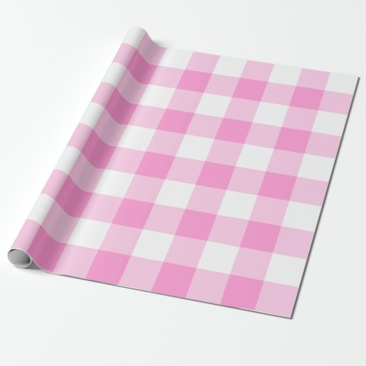 Roze en Wit Gingham Big Pattern Cadeaupapier (Uitgerold)