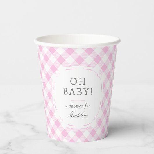 Roze en Wit Gingham Pattern Oh Baby shower Papieren Bekers (Achterkant)