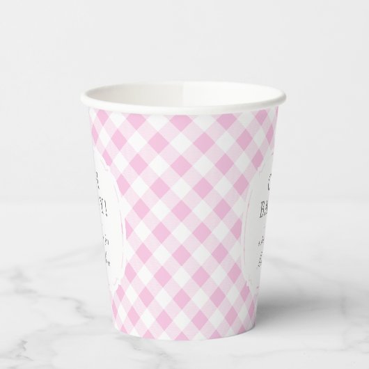 Roze en Wit Gingham Pattern Oh Baby shower Papieren Bekers (Links)