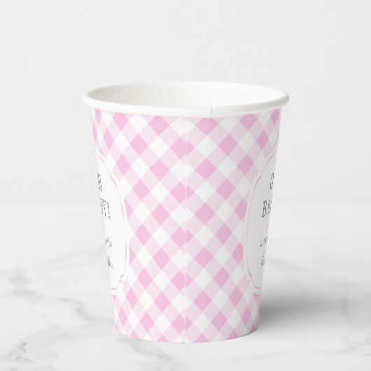 Roze en Wit Gingham Pattern Oh Baby shower Papieren Bekers (Rechts)