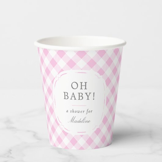 Roze en Wit Gingham Pattern Oh Baby shower Papieren Bekers (Voorkant)