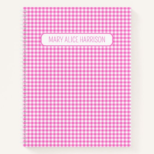 Roze en Wit Gingham Plaid Gepersonaliseerd Notitieboek (Voorkant)