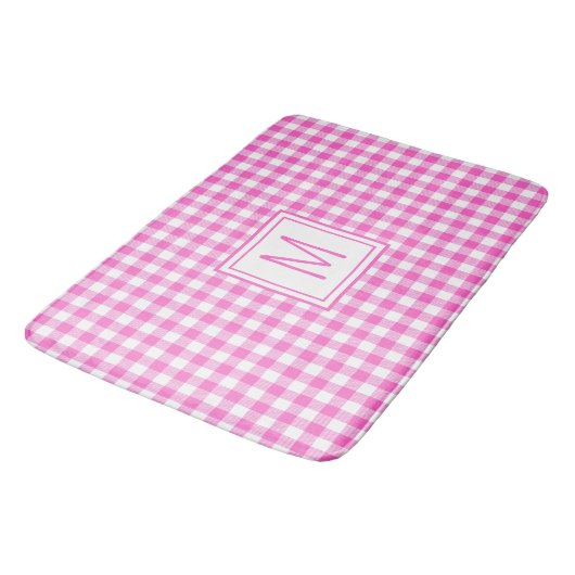 Roze en Wit Gingham Plaid Monogram Badmat (Gekanteld)