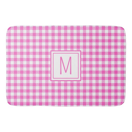 Roze en Wit Gingham Plaid Monogram Badmat (Voorkant)