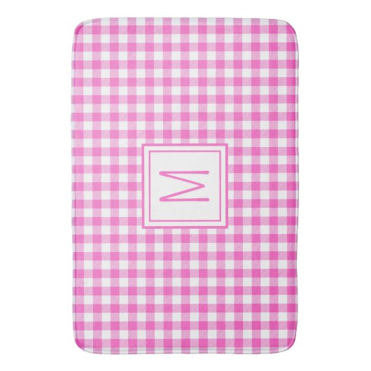 Roze en Wit Gingham Plaid Monogram Badmat (Voorkant Verticaal)