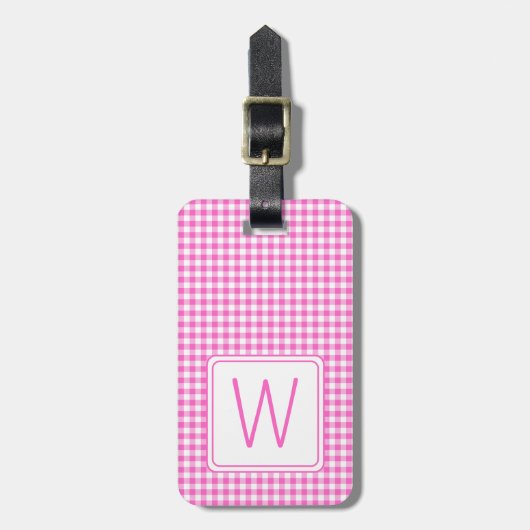Roze en Wit Gingham Plaid Monogram Bagagelabel (Voorkant verticaal)