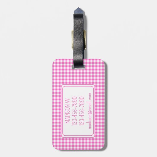 Roze en Wit Gingham Plaid Monogram Bagagelabel (Achterkant verticaal)