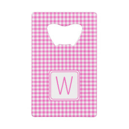 Roze en Wit Gingham Plaid Monogram Creditkaart Flessenopener