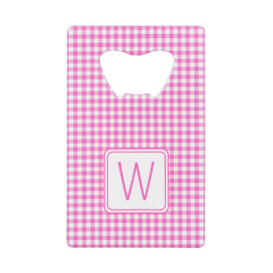 Roze en Wit Gingham Plaid Monogram Creditkaart Flessenopener