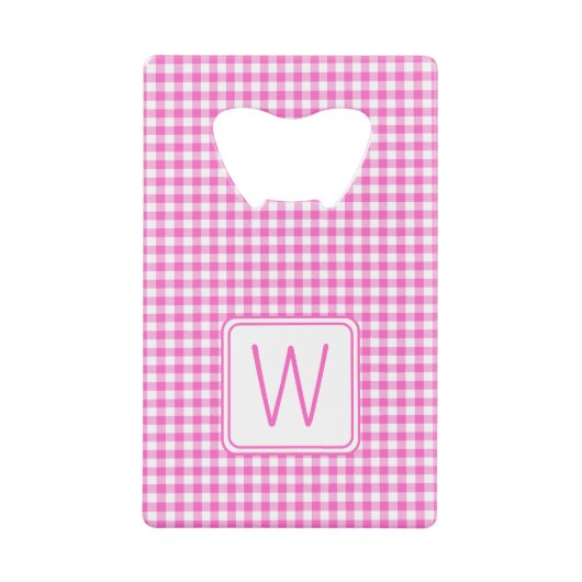 Roze en Wit Gingham Plaid Monogram Creditkaart Flessenopener (Voorkant)