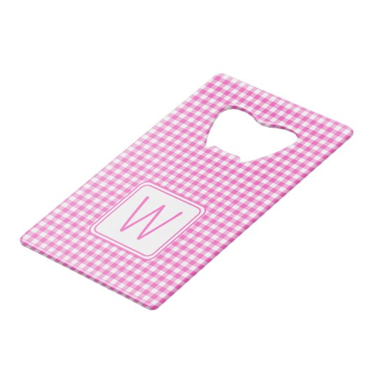Roze en Wit Gingham Plaid Monogram Creditkaart Flessenopener (Voorkant Gekanteld)