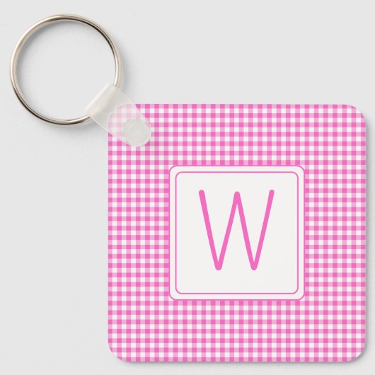 Roze en Wit Gingham Plaid Monogram Sleutelhanger (Voorkant)
