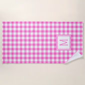 Roze en Wit Gingham Plaid Monogram Strandlaken (Voorkant)