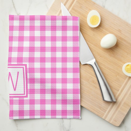 Roze en Wit Gingham Plaid Monogram Theedoek (Quarter Fold)