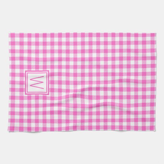 Roze en Wit Gingham Plaid Monogram Theedoek (Horizontaal)