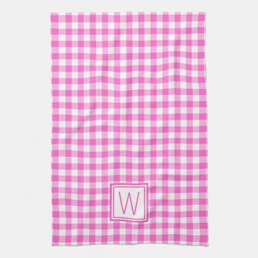 Roze en Wit Gingham Plaid Monogram Theedoek (Verticaal)